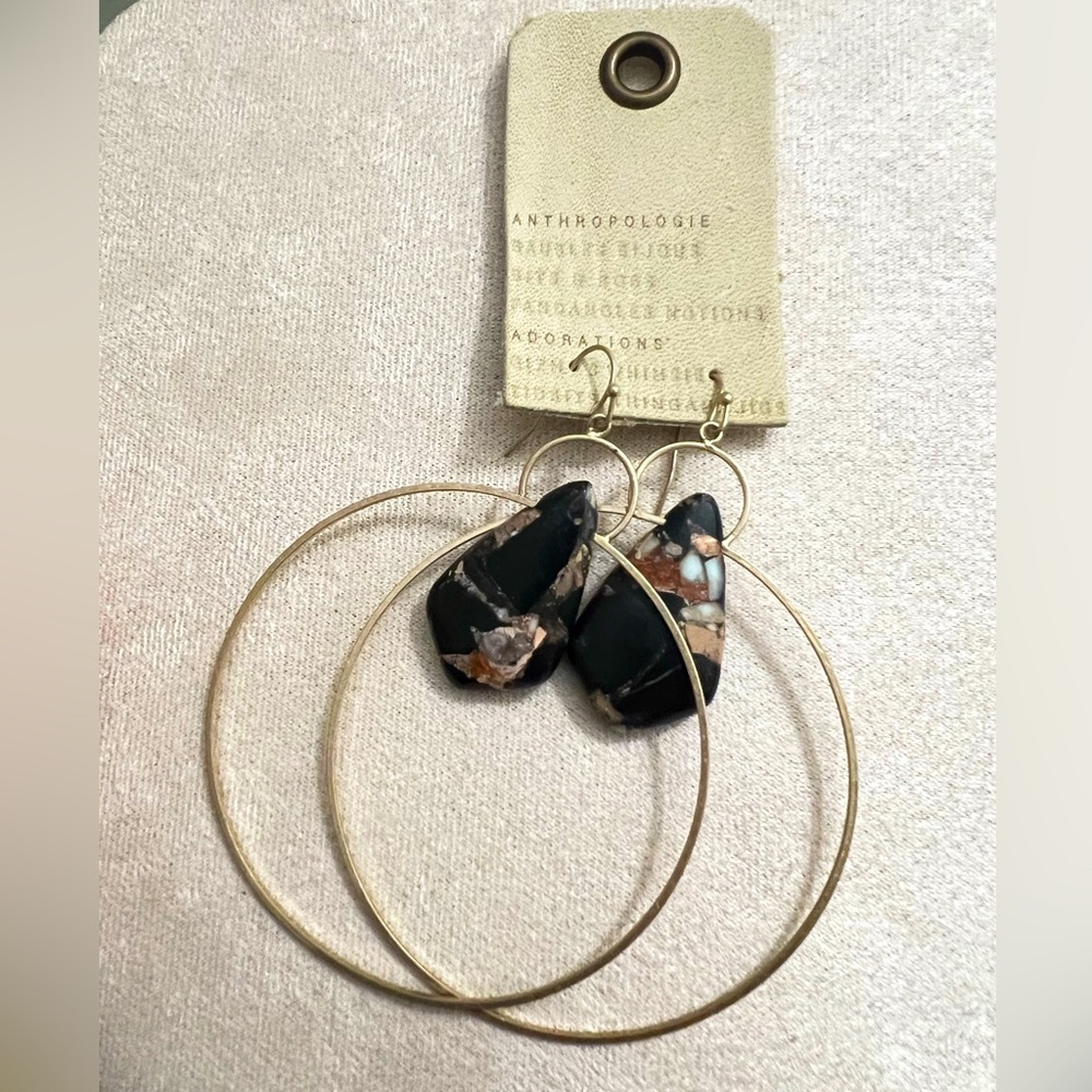 Anthropologie Dangling Gold tone Big Hoop with stone earrings